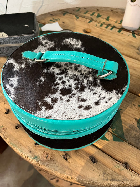 Lg round jewelry box - turquoise leather black cowhide