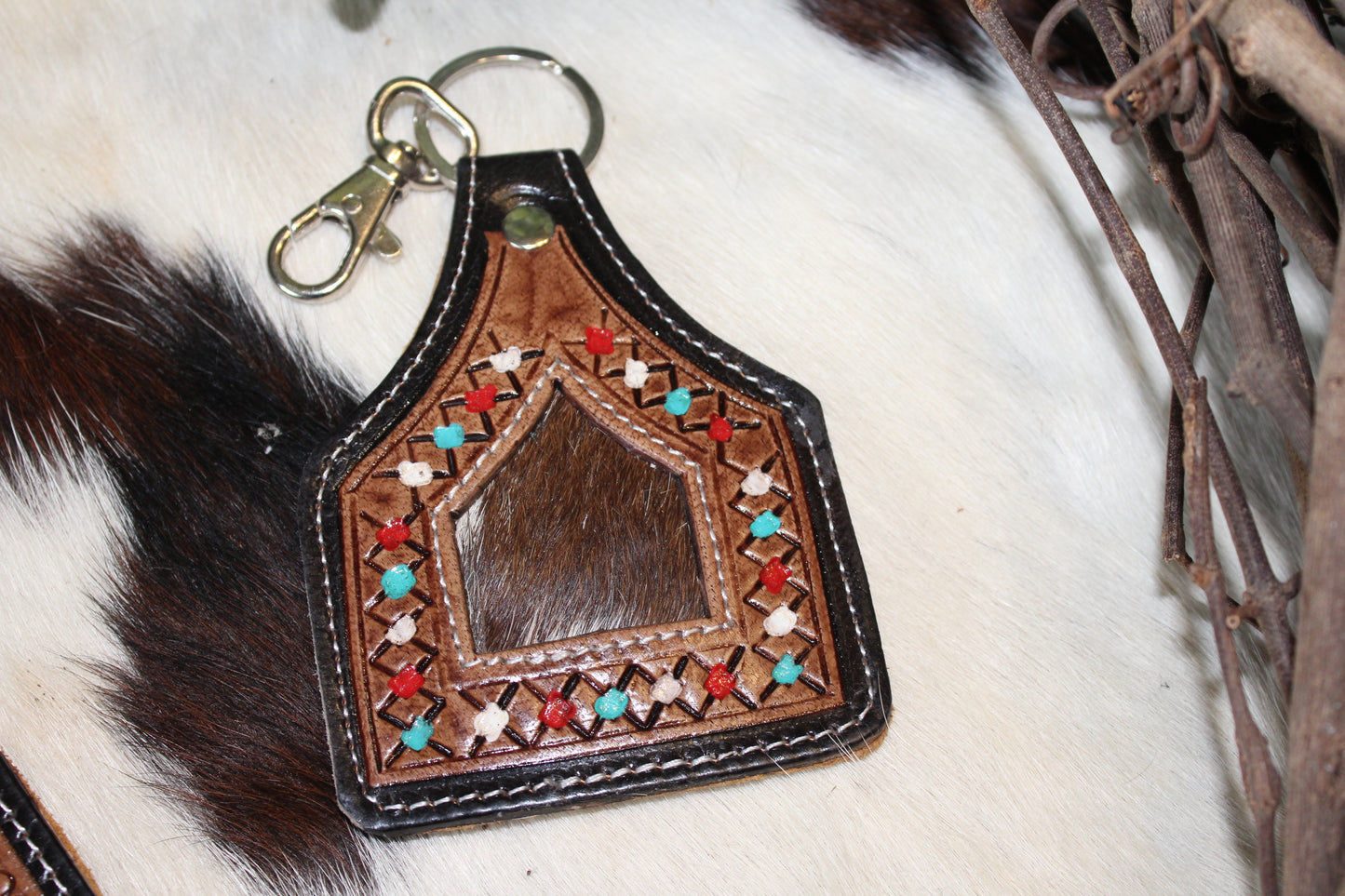 Tooled Leather Ear tag Keychain