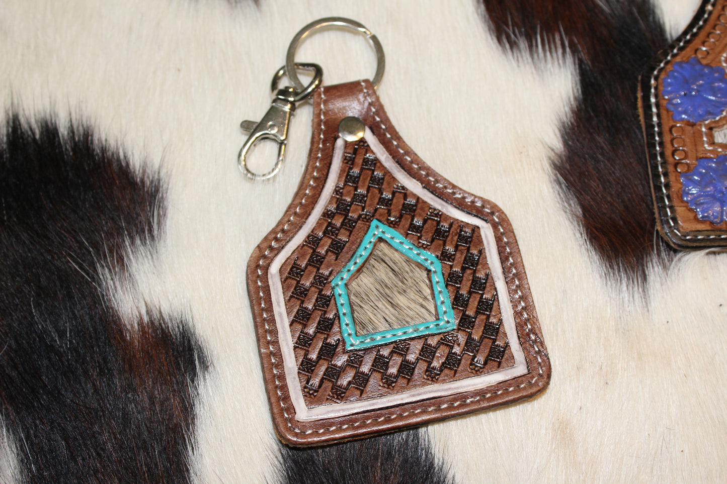 Tooled Leather Ear tag Keychain