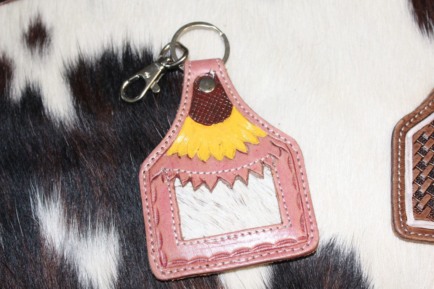 Tooled Leather Ear tag Keychain