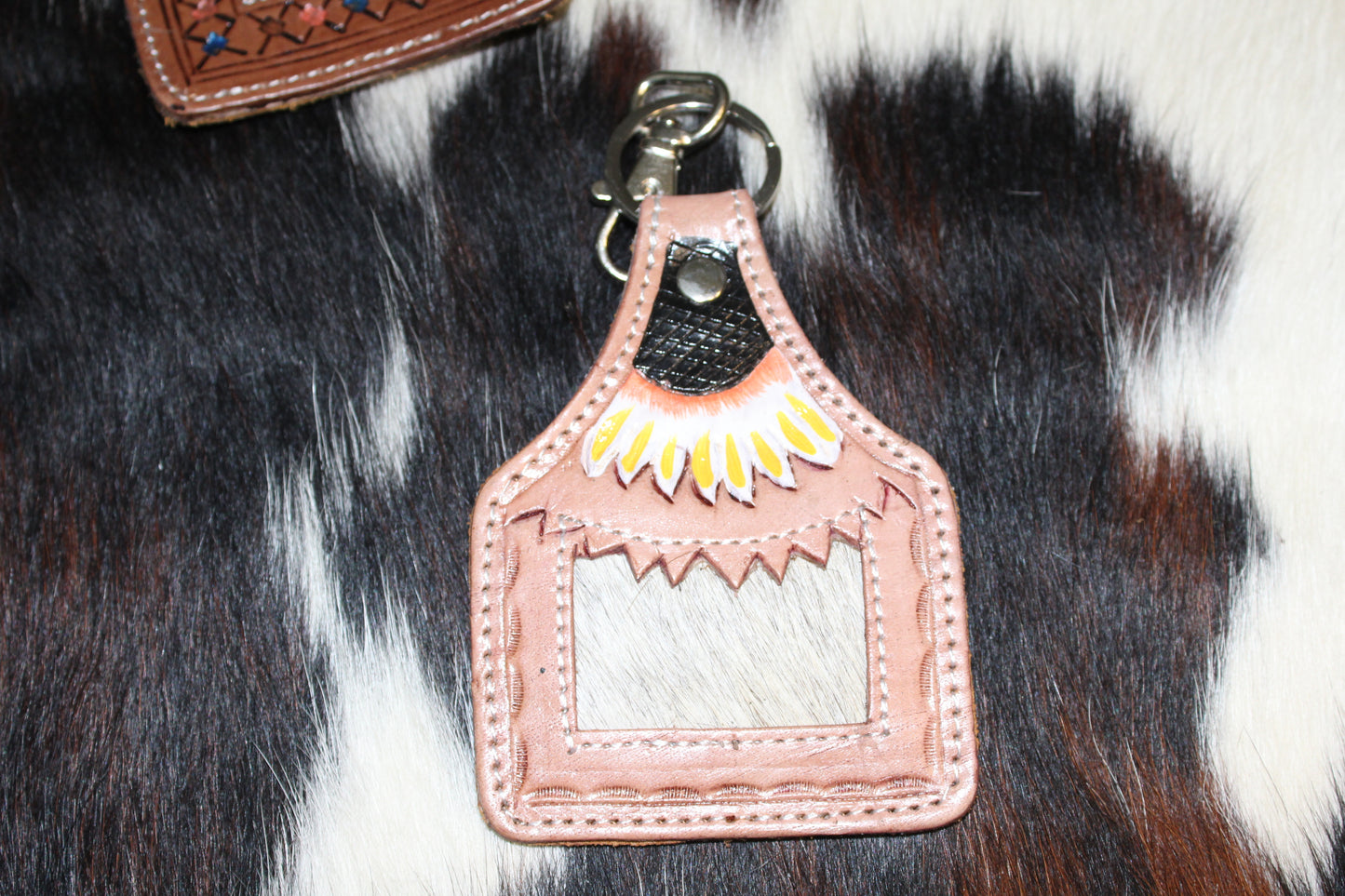 Tooled Leather Ear tag Keychain