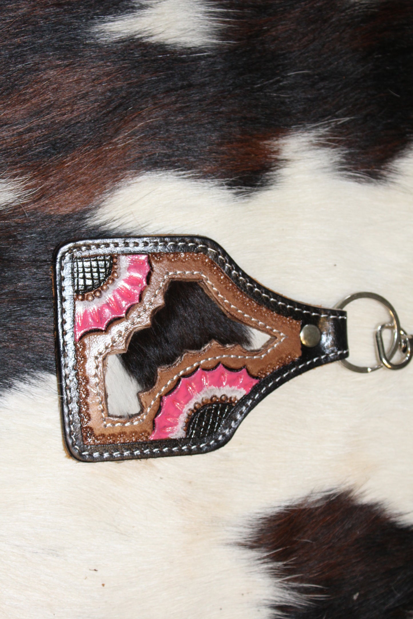 Tooled Leather Ear tag Keychain