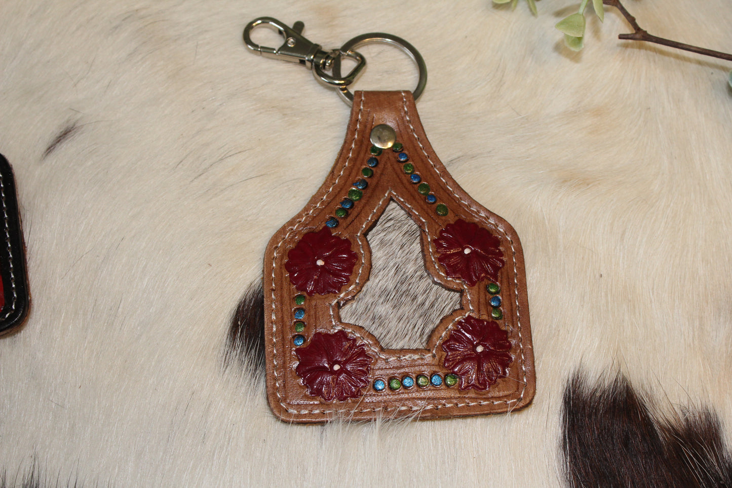 Tooled Leather Ear tag Keychain