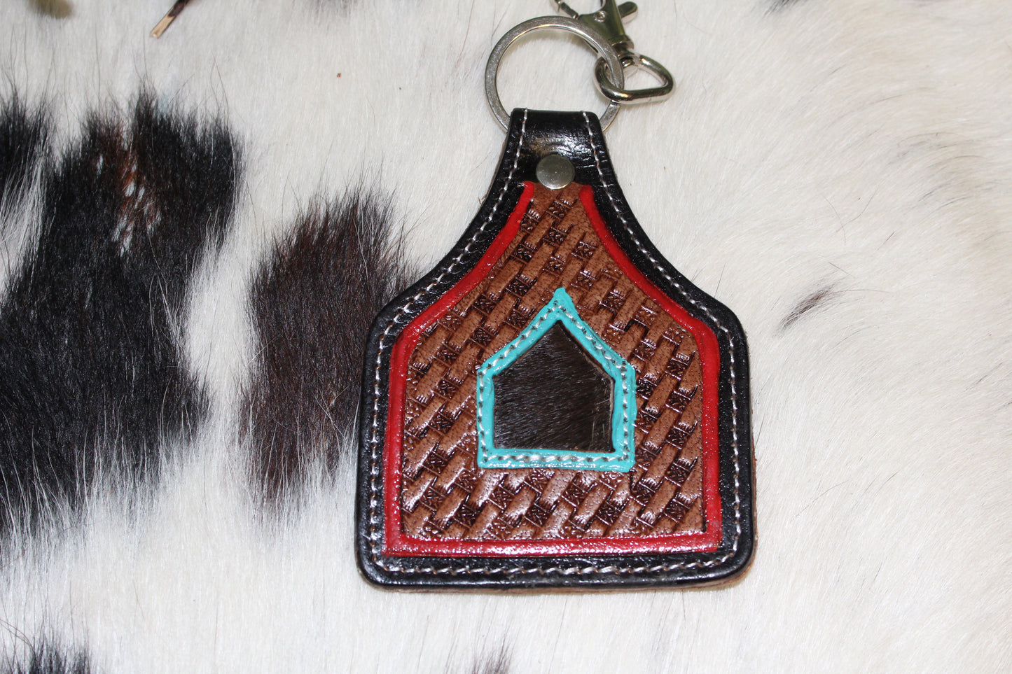 Tooled Leather Ear tag Keychain